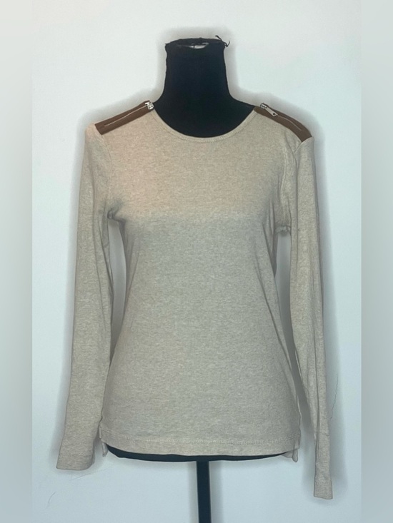 Ralph Lauren Tops - Lauren Ralph Lauren- Cream Long Sleeve Top with Brown Shoulder Zips Size M